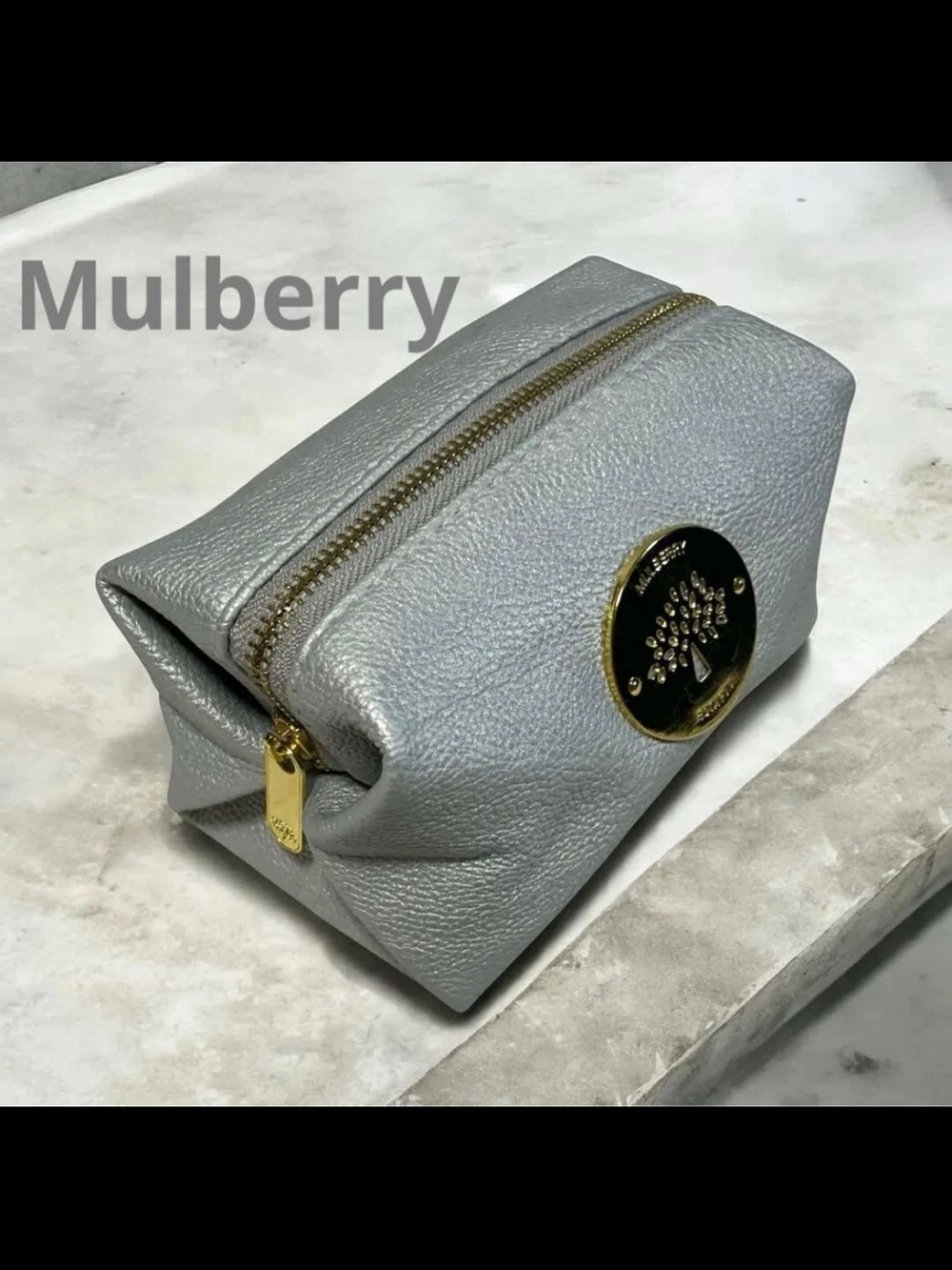 Mulberry Silver Leather Cosmetic Pouch with Gold Hardware